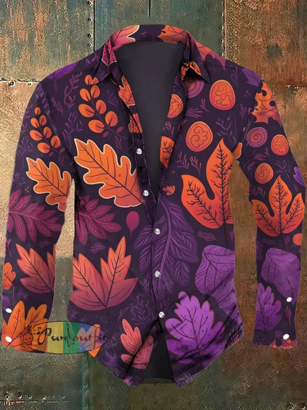 Men’s Autumn Maple Leaf Print Casual Long Sleeve Shirt As Picture / S