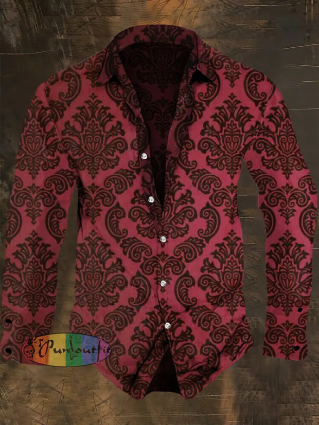 Men’s Baroque Style Art Print Long Sleeve Shirt Red / S