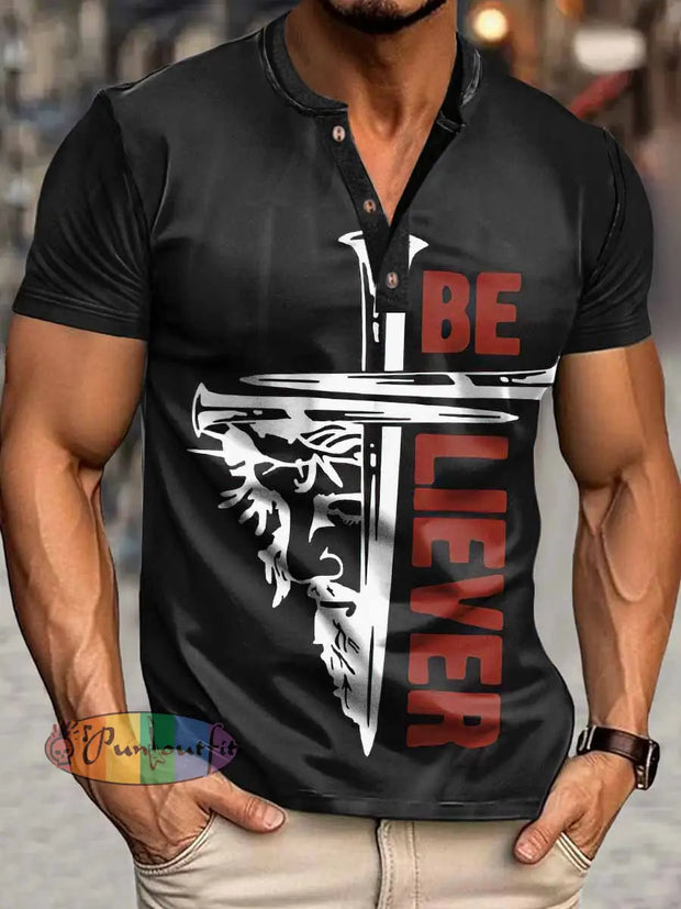 Men’s Believer Print Henley Neck Short Sleeve T-Shirt Black / S