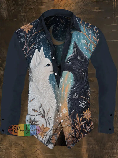 Men’s Black Cat And White Print Casual Long Sleeve Shirt Colorful / S