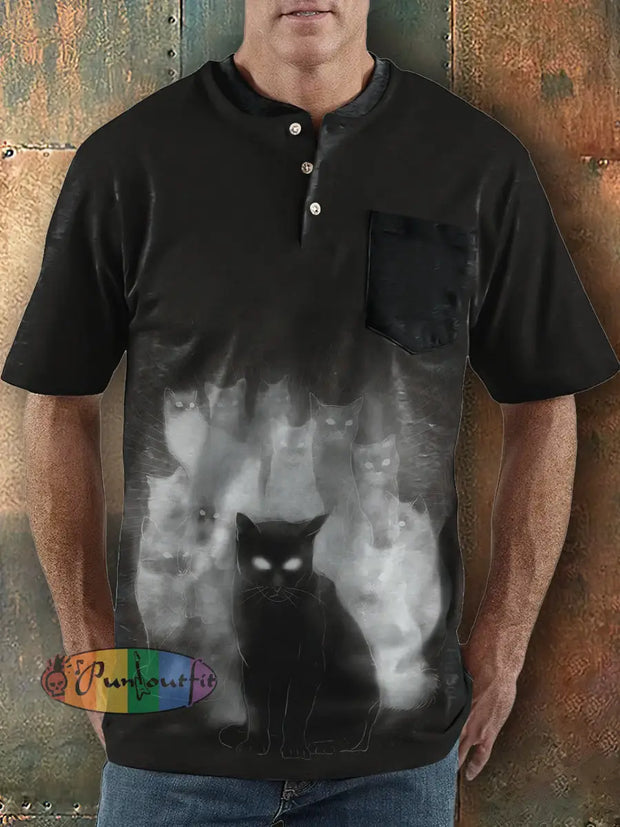 Men’s Black Cat Print Henley Collar Pocket T-Shirt Black / S