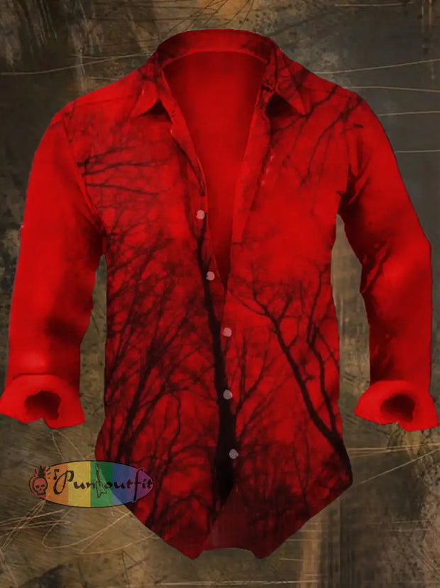 Men’s Blood Forest Print Casual Shirt Long Sleeve Red / S