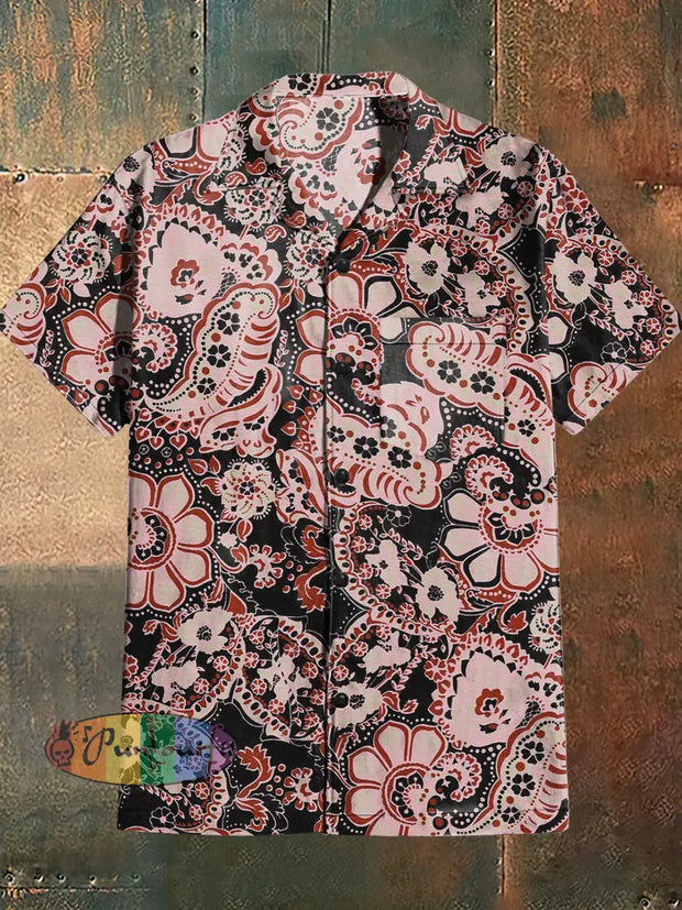 Men’s Bohemia Style Flowers Print Cuban Collar Shirt With Short Sleeves Colorful / S