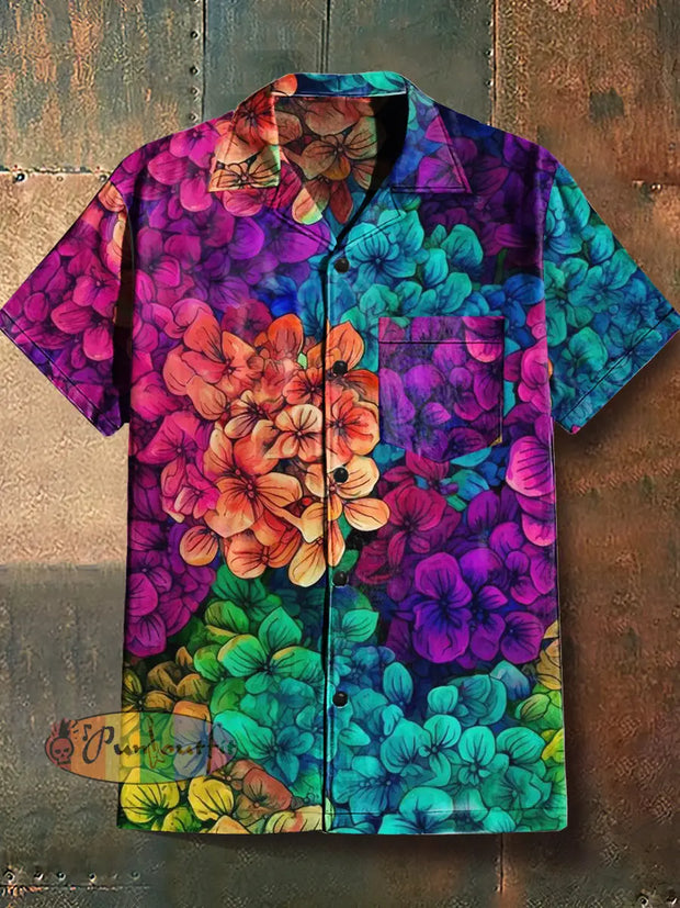 Men’s Bohemia Style Flowers Print Cuban Collar Shirt With Short Sleeves Colorful / S