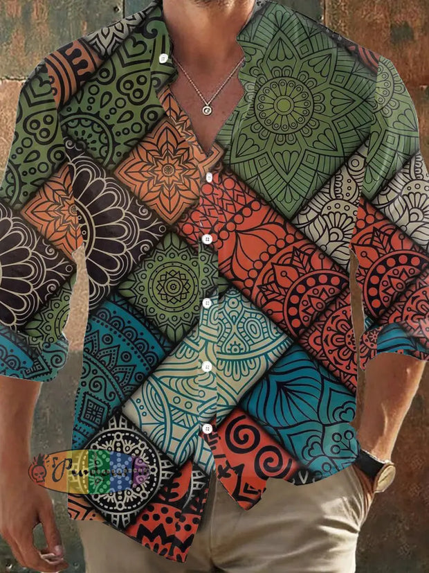 Men’s Bohemian Abstract Print Casual Shirt Long Sleeve Colorful / S