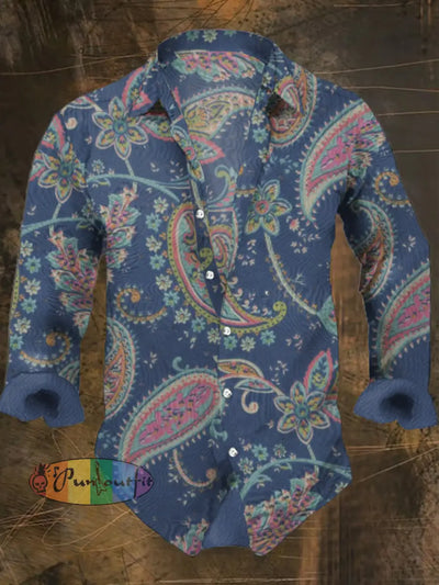 Men’s Bohemian Cashew Flower Abstract Print Casual Shirt Long Sleeve Colorful / S