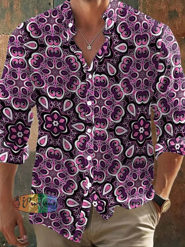 Men’s Bohemian Ethnic Flowers Print Casual Shirt Long Sleeve Colorful / S