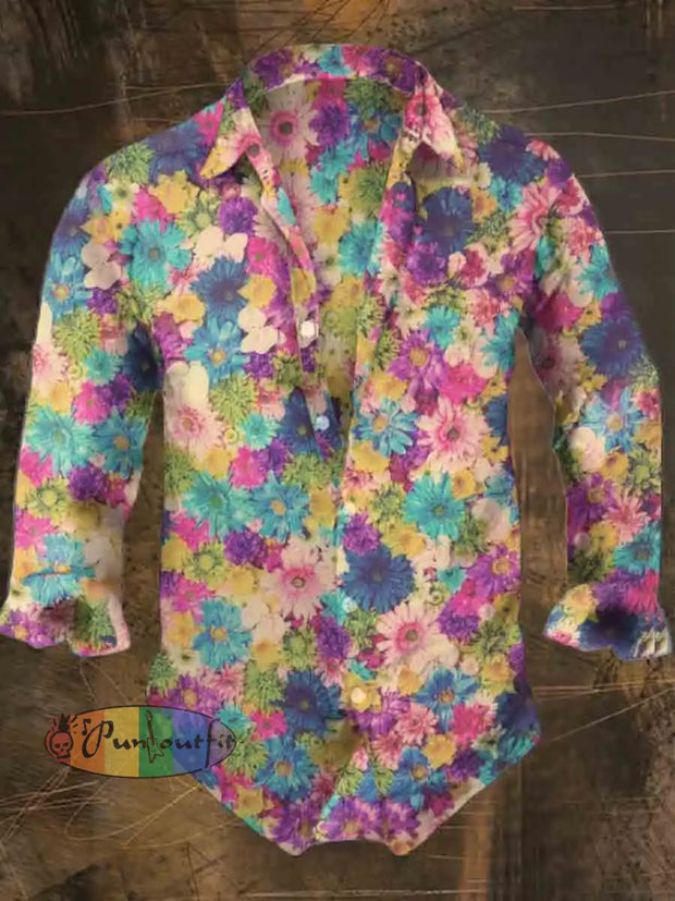 Men’s Bohemian Flowers Style Print Casual Shirt Long Sleeve Colorful / S