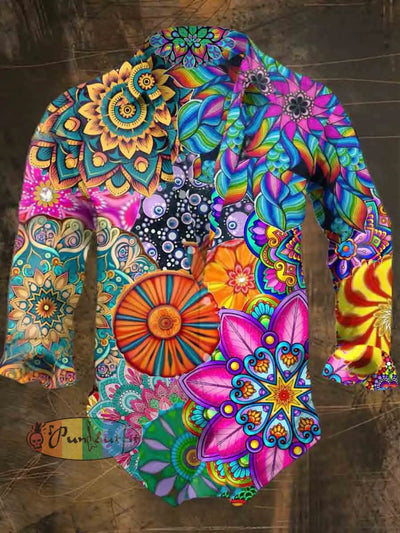 Men’s Bohemian Hippie Kaleidoscope Print Casual Shirt Long Sleeve Colorful / S