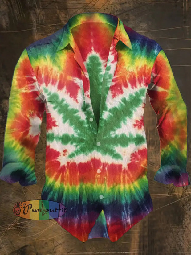 Men’s Bohemian Marijuana Abstract Print Casual Shirt Long Sleeve Colorful / S