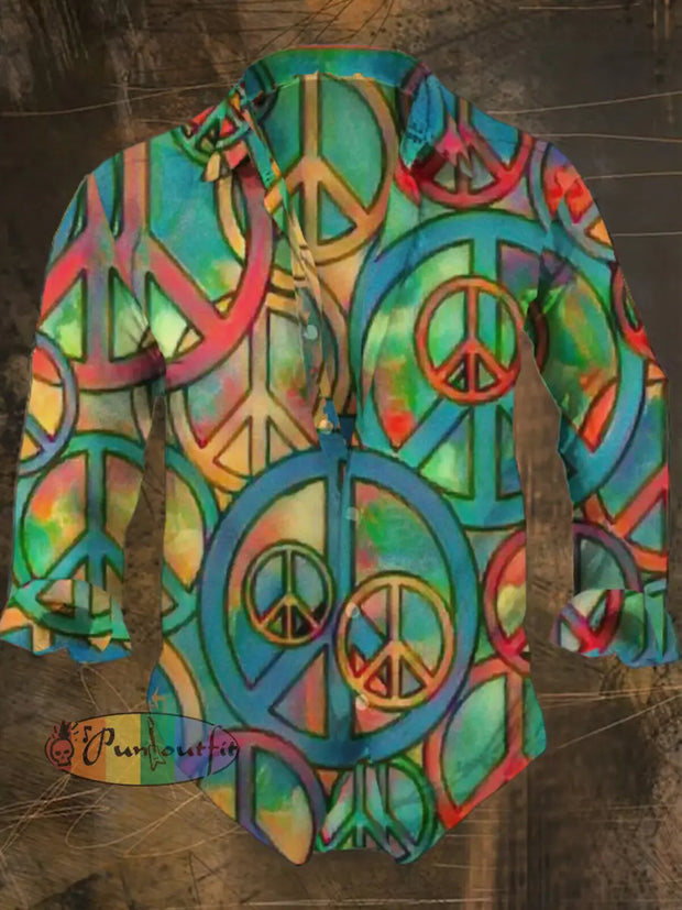 Men’s Bohemian Peace And Love Print Casual Shirt Long Sleeve Colorful / S