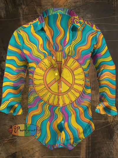 Men’s Bohemian Peace Icon Print Casual Shirt Long Sleeve Colorful / S