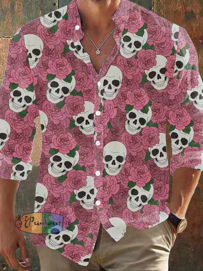 Men’s Bohemian Rose Skull Abstract Print Casual Shirt Long Sleeve Colorful / S