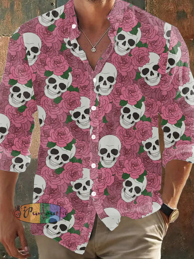 Men’s Bohemian Rose Skull Abstract Print Casual Shirt Long Sleeve Colorful / S