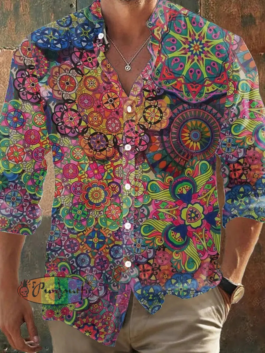Men’s Bohemian Street Style Print Long Sleeve Shirt Colorful / S