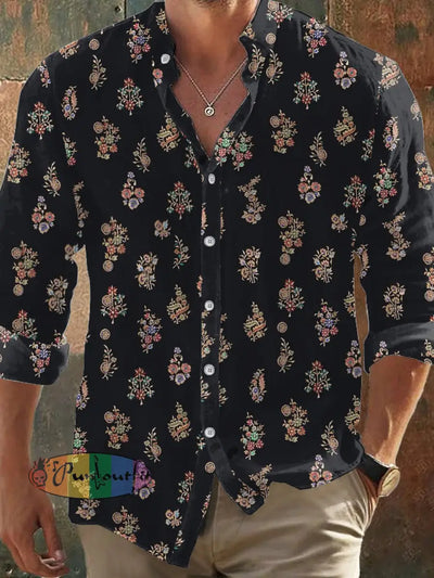 Men’s Bohemian Style Abstract Floral Print Long Sleeve Shirt Colorful / S