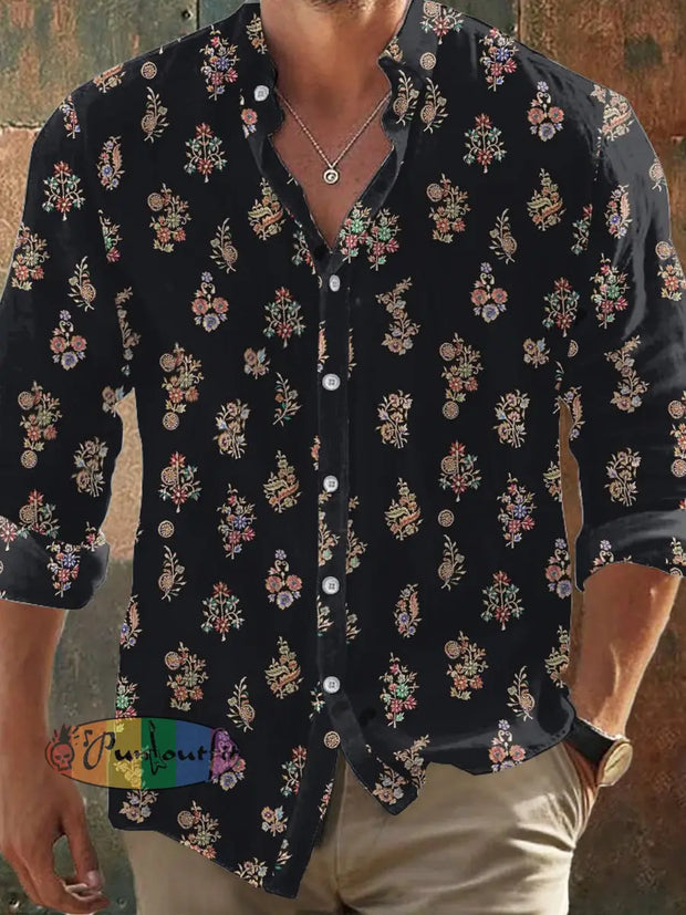 Men’s Bohemian Style Abstract Floral Print Long Sleeve Shirt Colorful / S