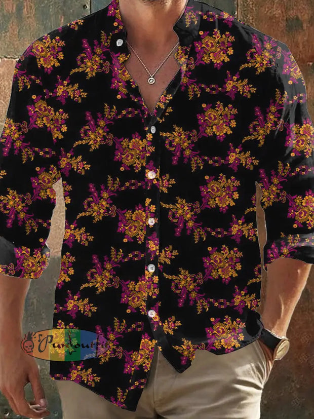 Men’s Bohemian Style Floral Print Long Sleeve Shirt Colorful / S