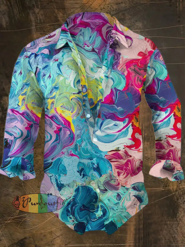 Men’s Bohemian Style Oil Painting Print Casual Shirt Long Sleeve Colorful / S