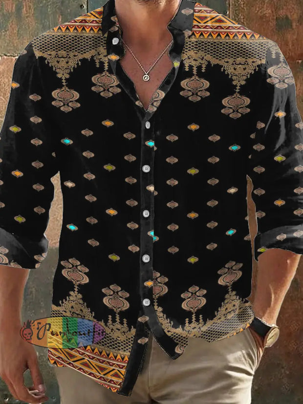 Men’s Bohemian Style Palace Polka Print Long Sleeve Shirt Colorful / S