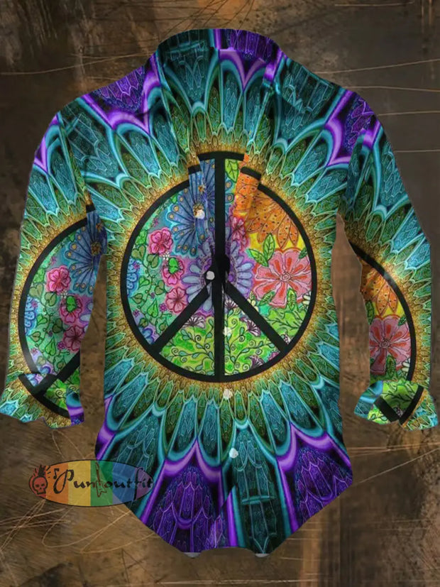 Men’s Bohemian Style Peace Print Casual Shirt Long Sleeve Colorful / S