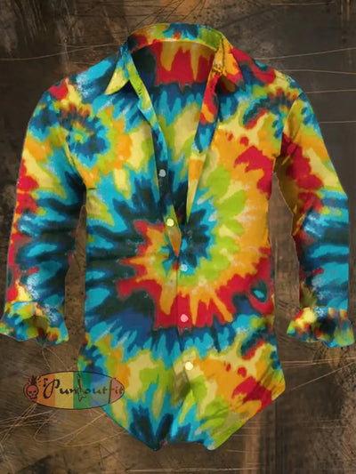 Men’s Bohemian Tie-Dye Print Casual Shirt Long Sleeve Colorful / S