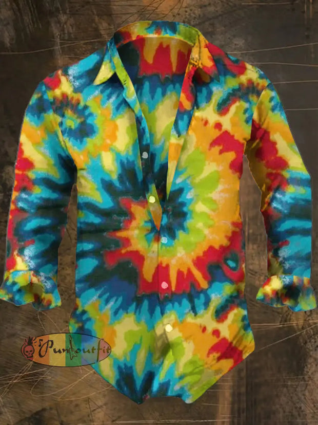 Men’s Bohemian Tie-Dye Print Casual Shirt Long Sleeve Colorful / S