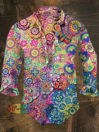 Men’s Bohemian Vintage Style Print Casual Shirt Long Sleeve Colorful / S