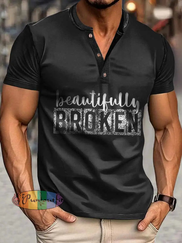 Men’s Broken Print Henley Neck Short Sleeve T-Shirt Black / S