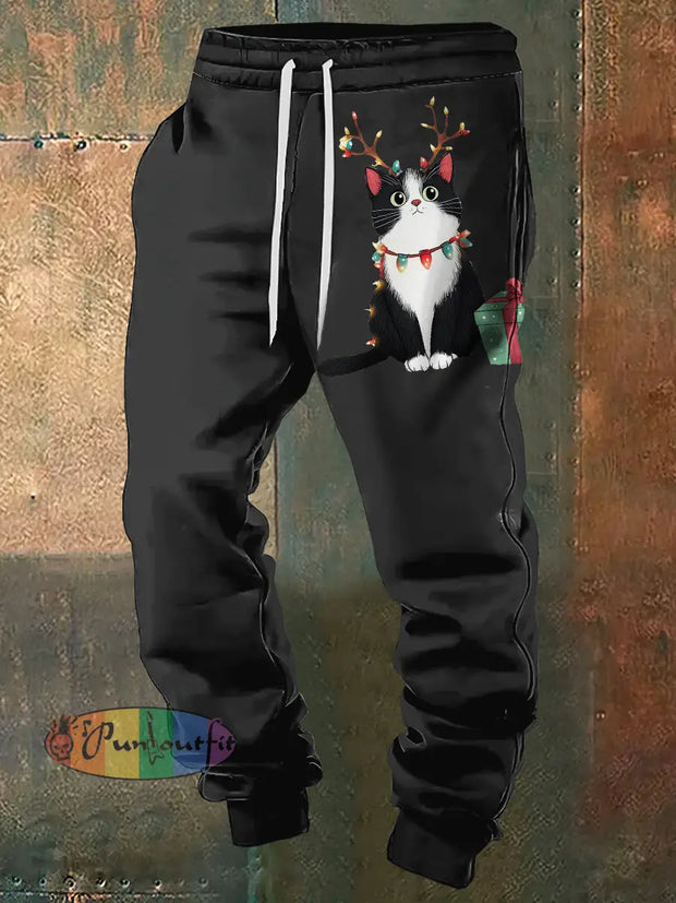 Men’s Cartoon Cats Christmas Print Sweatpants Black / S