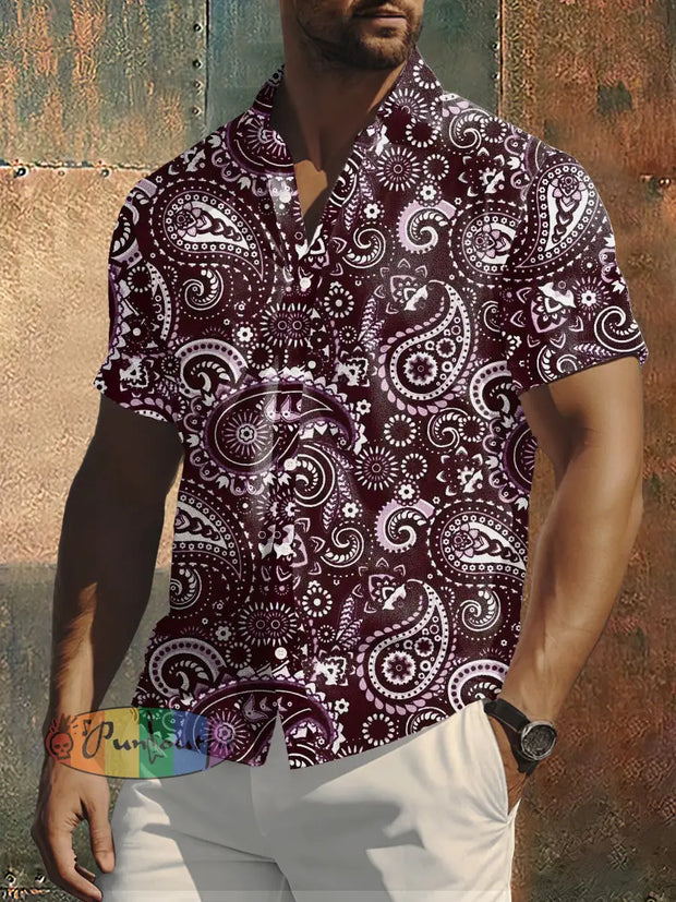 Men’s Cashew Flower Print Hippie Style Short Sleeve Shirt Wine Red / S