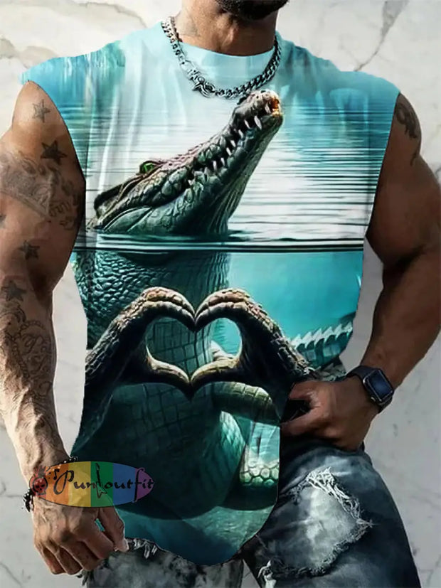 Men’s Casual Animal Crocodile Fun Art Print Crew Neck Tank Top Colorful / S