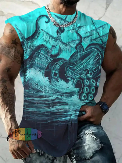 Men’s Casual Maritime Sailing Octopus Art Print Crew Neck Tank Top Colorful / S