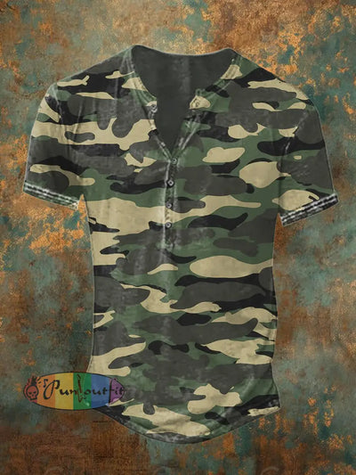 Men’s Casual Personalized Vintage Camouflage Print Short Sleeve Henley Shirt Army Green / S