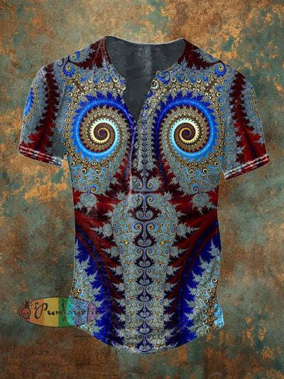 Men’s Casual Personalized Vintage Floral Print Short Sleeve Henley Shirt Colorful / S