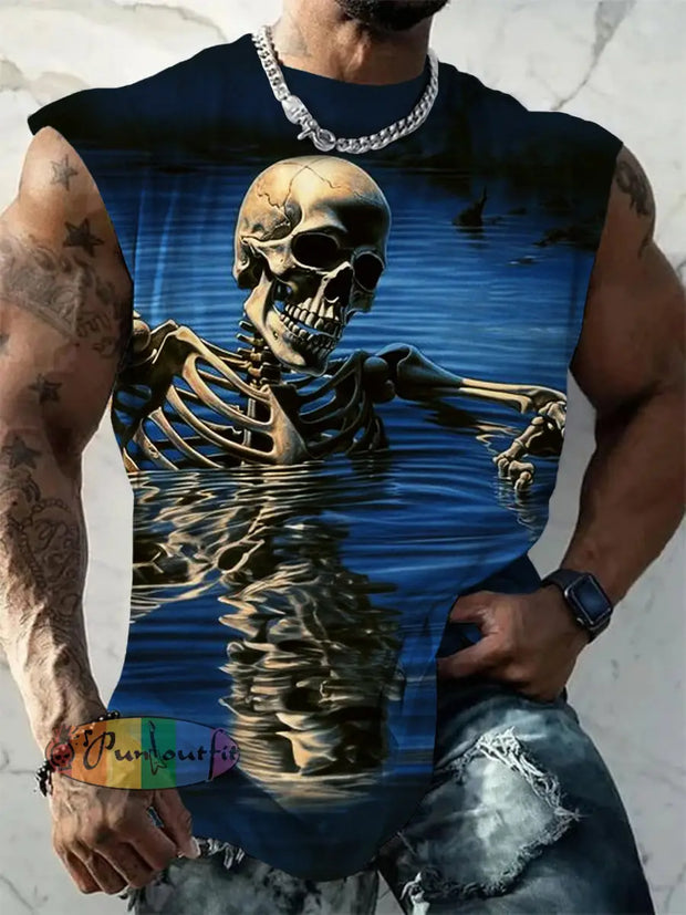 Men’s Casual Skull Swimming Fun Art Print Crew Neck Tank Top Colorful / S