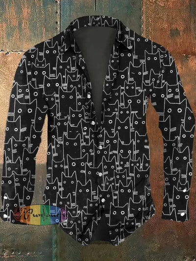 Men’s Cat Print Casual Long Sleeve Shirt As Picture / S