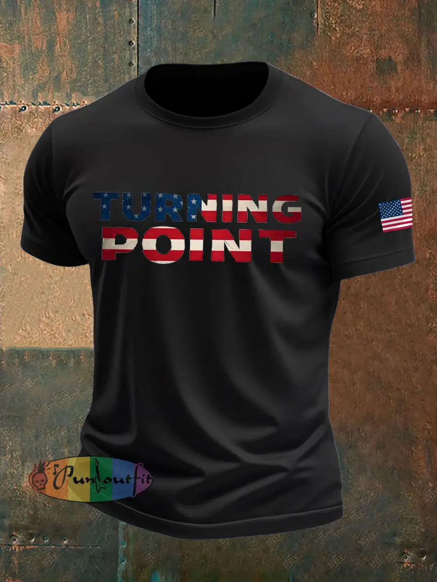 Men’s Charlie Kirk Turning Point imitation cotton short-sleeved T-shirt Black / S