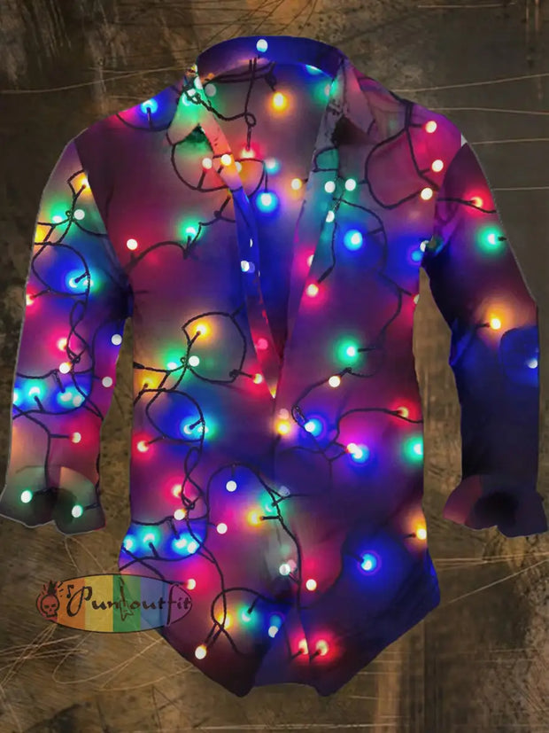 Men’s Christmas Lighting Print Casual Shirt Long Sleeve Colorful / S