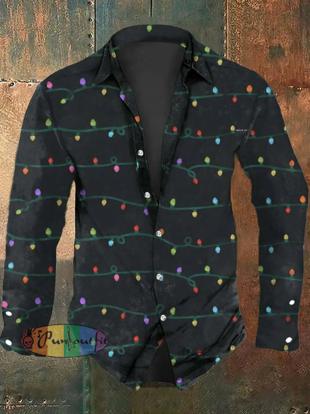 Men’s Christmas Lights Printed Casual Long Sleeve Shirt As Picture / S