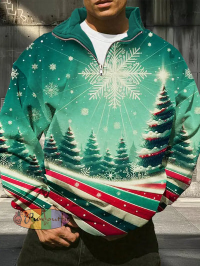 Men’s Christmas Printed Casual Fashion Long Sleeved Half Zip Pullover Sweatshirt Green / S