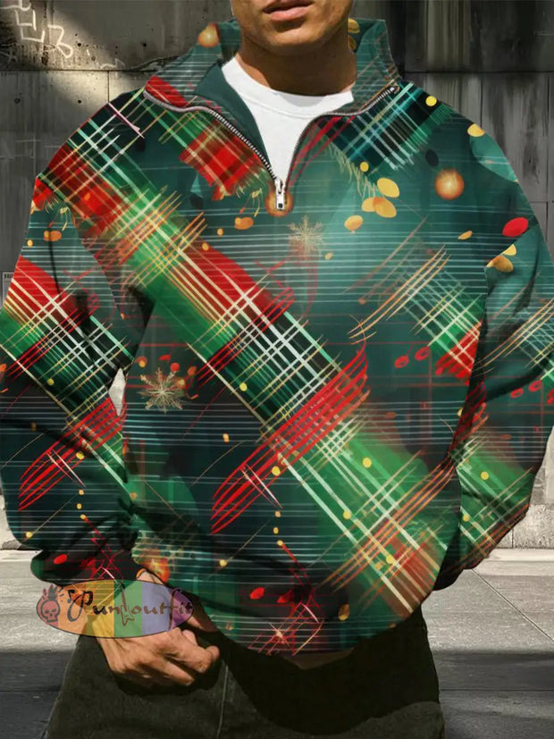 Men’s Christmas Printed Casual Fashion Long Sleeved Half Zip Pullover Sweatshirt Green / S