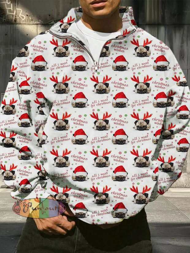 Men’s Christmas Printed Casual Fashion Long Sleeved Half Zip Pullover Sweatshirt White / S