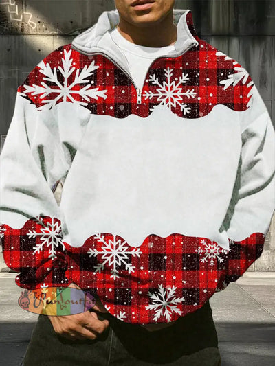 Men’s Christmas Printed Casual Fashion Long Sleeved Half Zip Pullover Sweatshirt White / S