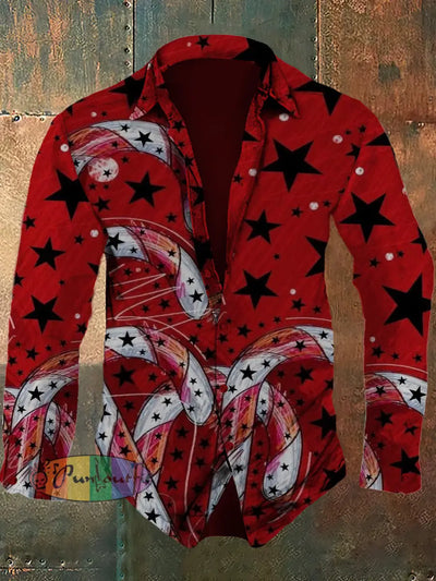 Men’s Christmas Retro Cartoon Pattern Design Printed Casual Fashion Collar Long Sleeve Shirt Red / S