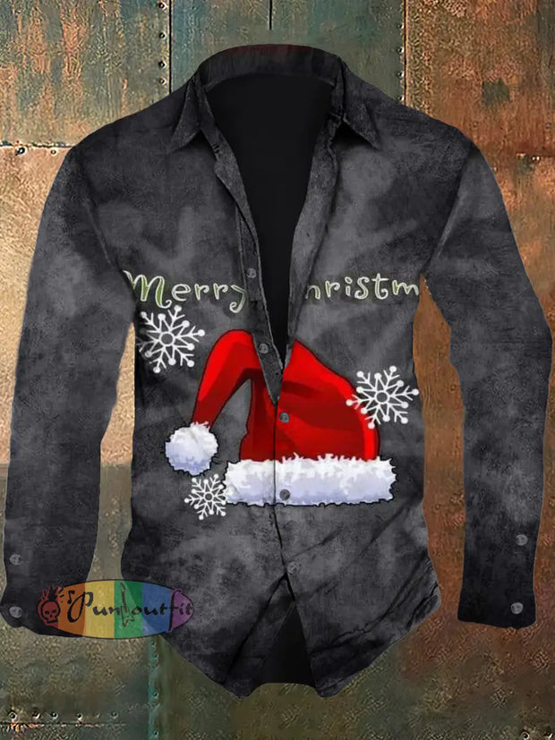 Men’s Christmas Retro Casual Fashion Lapel Long Sleeved Shirt Gray / S