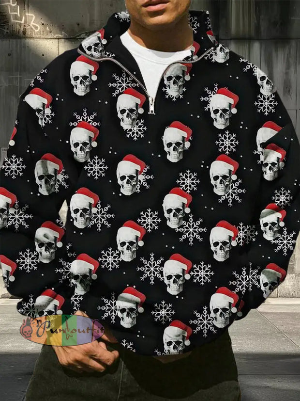 Men’s Christmas Skull Pattern Printed Casual Fashion Loose Half Zipper Stand Up Collar Long