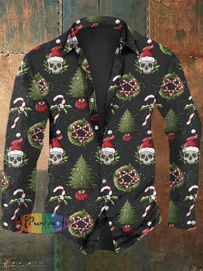 Men’s Christmas Skull Print Casual Long Sleeve Shirt As Picture / S