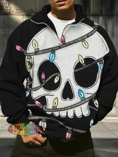 Men’s Christmas Skull Printed Casual Fashion Long Sleeved Half Zip Pullover Sweatshirt Black / S