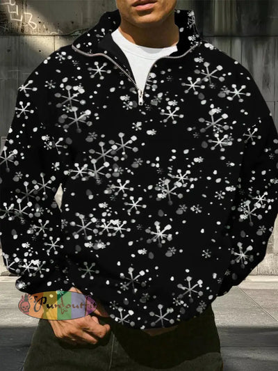 Men’s Christmas Snowflake Printed Casual Fashion Long Sleeved Half Zip Pullover Sweatshirt Black / S